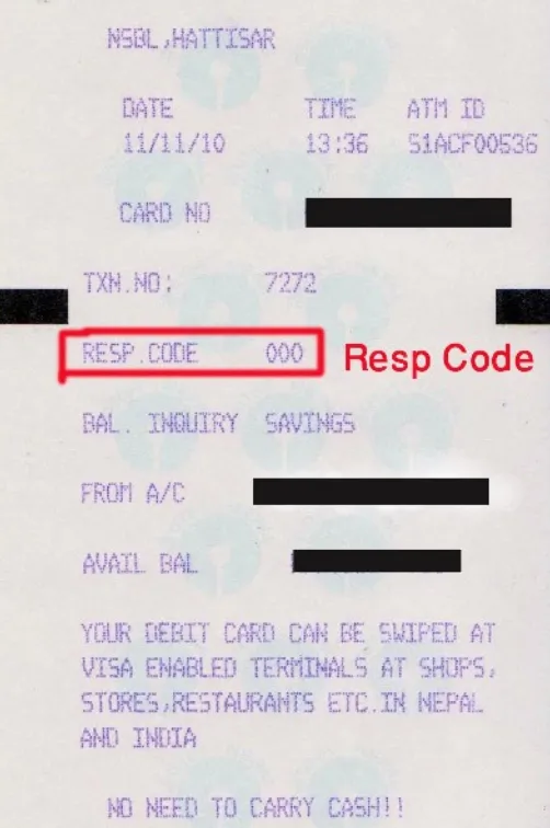 sbi atm receipt showing response code